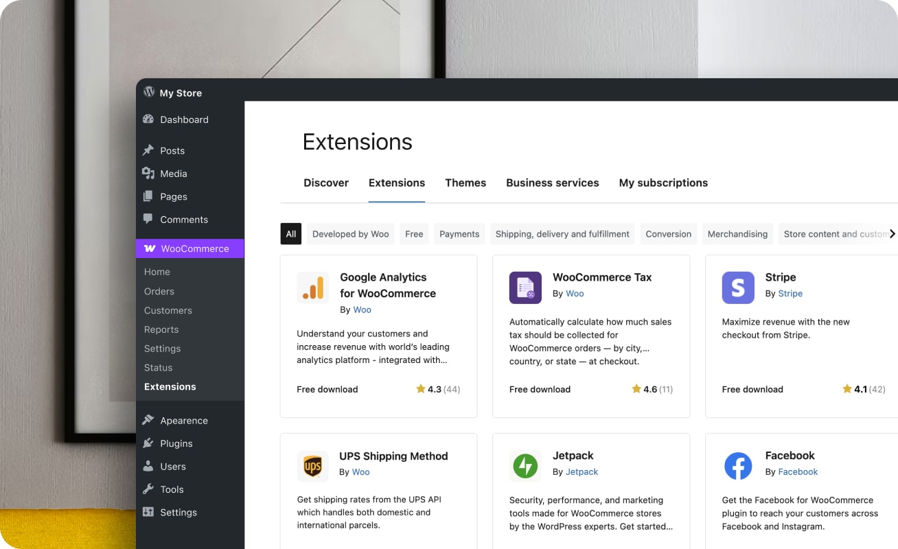 La page des extensions WooCommerce de l’espace d’administration WooCommerce, affichant des extensions eCommerce populaires.