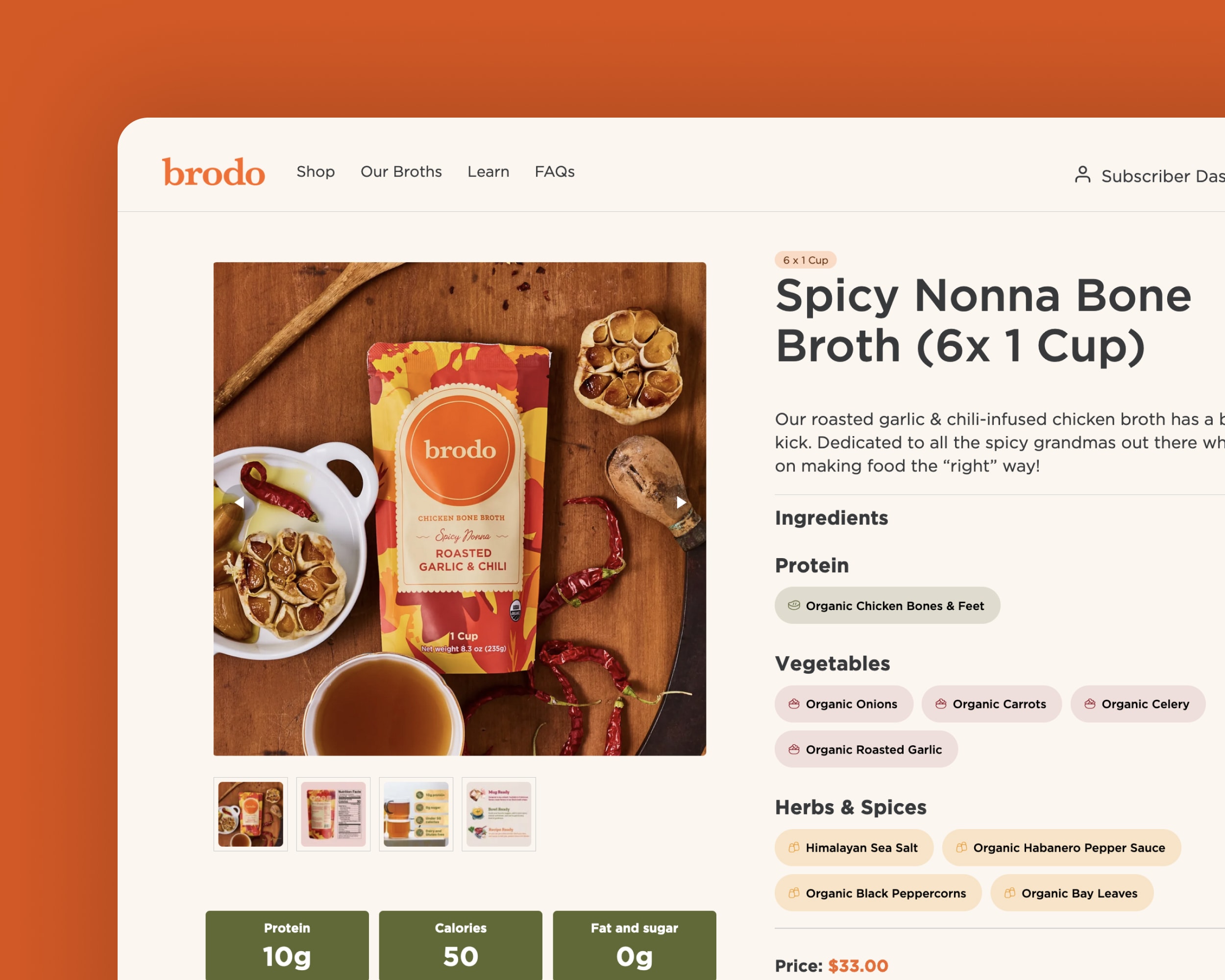 Une page de produit Brodo Broth Company sur le site Web de la boutique WooCommerce.