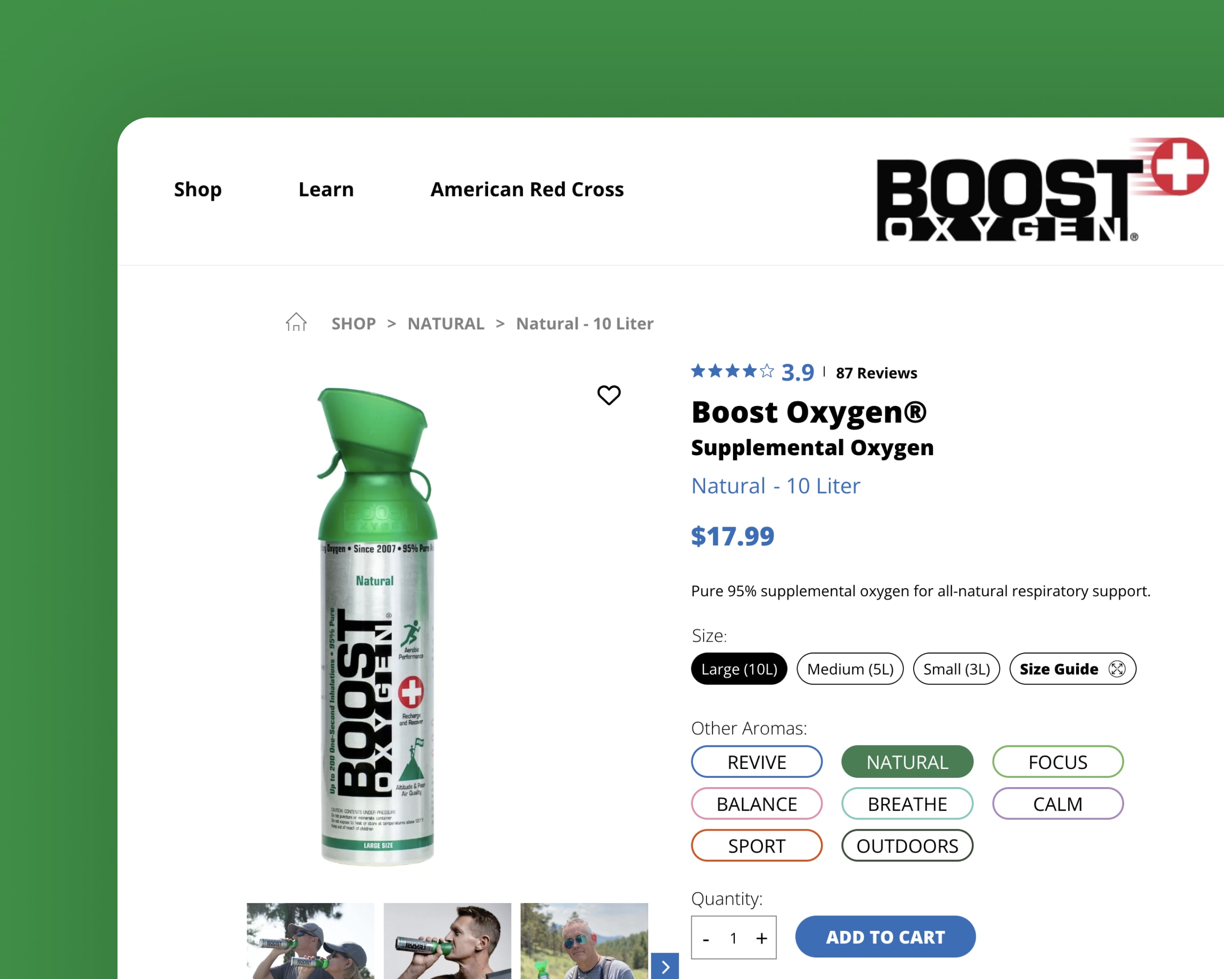 Une page de produit Boost Oxygen sur le site Web de la boutique WooCommerce.